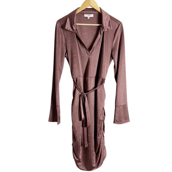 Louna Brown Jersey Long Sleeve Ruched Belted Collared Mini Dress Size XL - Picture 6 of 15